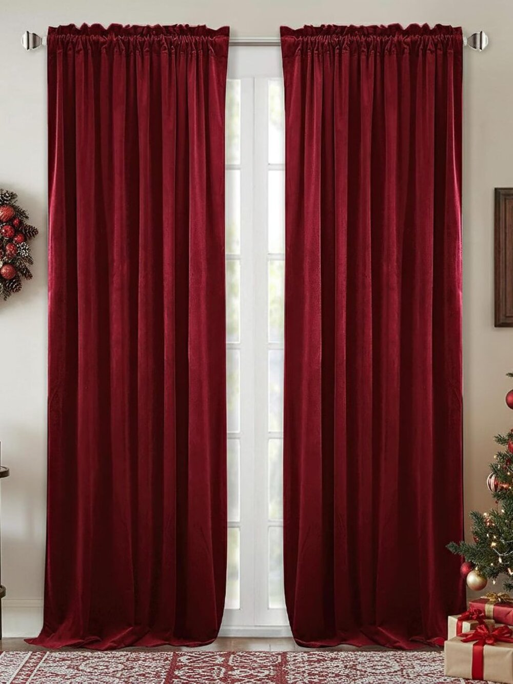Theater Red Velvet Curtains for Living Room Christmas Decor 2 Panels